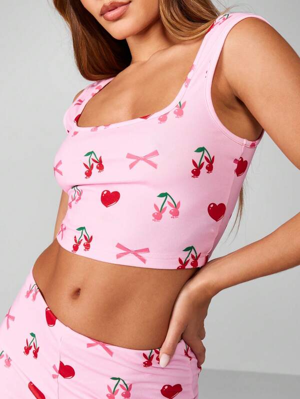 Missguided X Playboy Cherry Bow Print Crop Tank With Wide Leg Pants