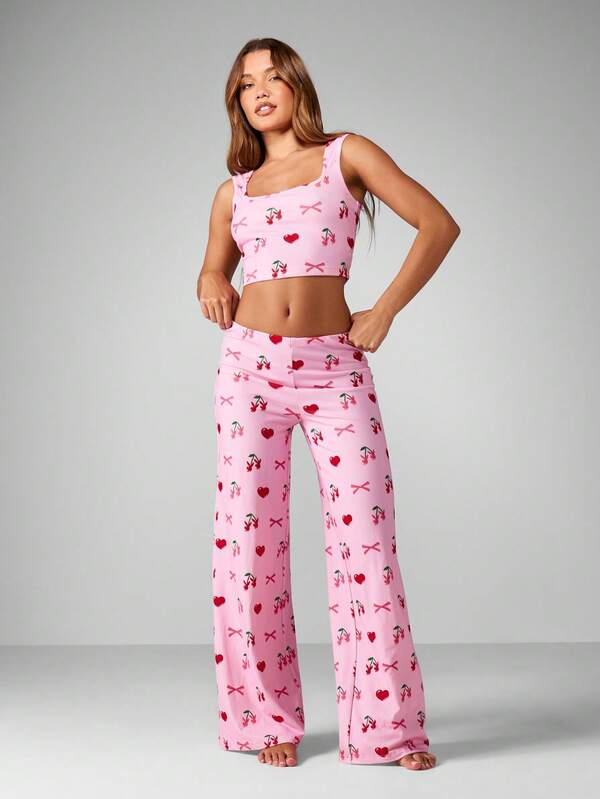 Missguided x Playboy Cherry Bow Print Crop Tank With Wide Leg Pants