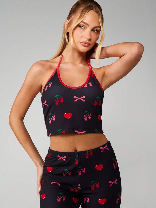 Missguided X Playboy Cherry Bow Print Halter Pajama Set