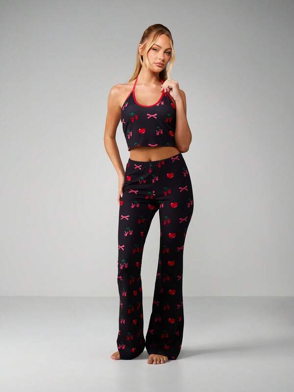 Missguided x Playboy Cherry Bow Print Halter Pajama Set