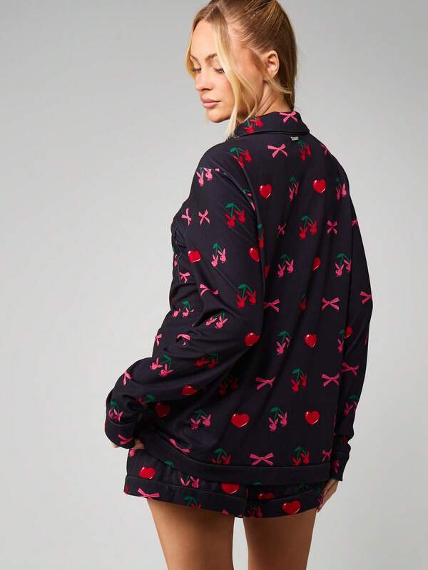 Missguided X Playboy Cherry Bow Print Pajama Set With Button Front
