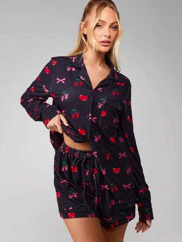 Missguided X Playboy Cherry Bow Print Pajama Set With Button Front