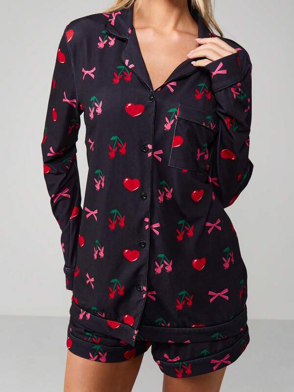 Missguided x Playboy Cherry Bow Print Pajama Set With Button Front Missguided x Playboy Cherry Bow Print Pajama Set With Button Front