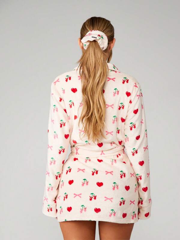 Missguided X Playboy Cherry Heart Print Satin Robe With Scrunchie
