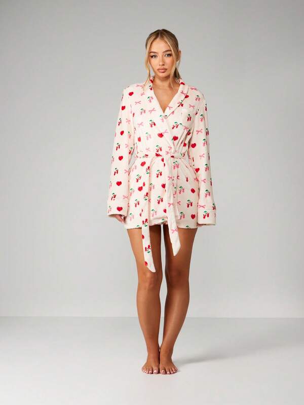 Missguided X Playboy Cherry Heart Print Satin Robe With Scrunchie