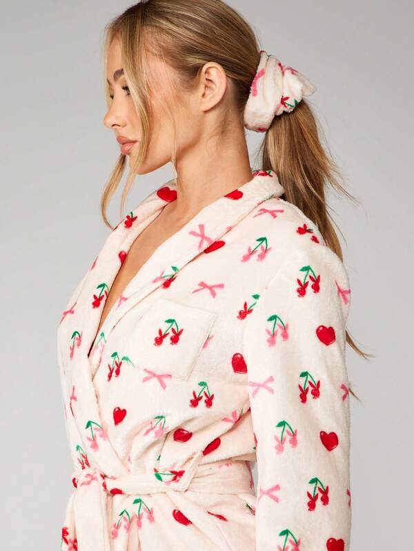 Missguided X Playboy Cherry Heart Print Satin Robe With Scrunchie