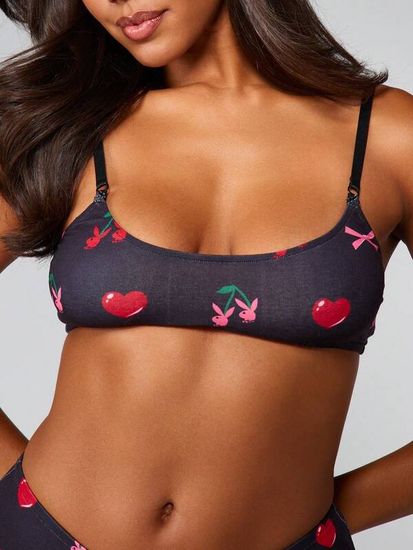 Missguided X Playboy Cherry Hearts And Bow Print Bralette Set