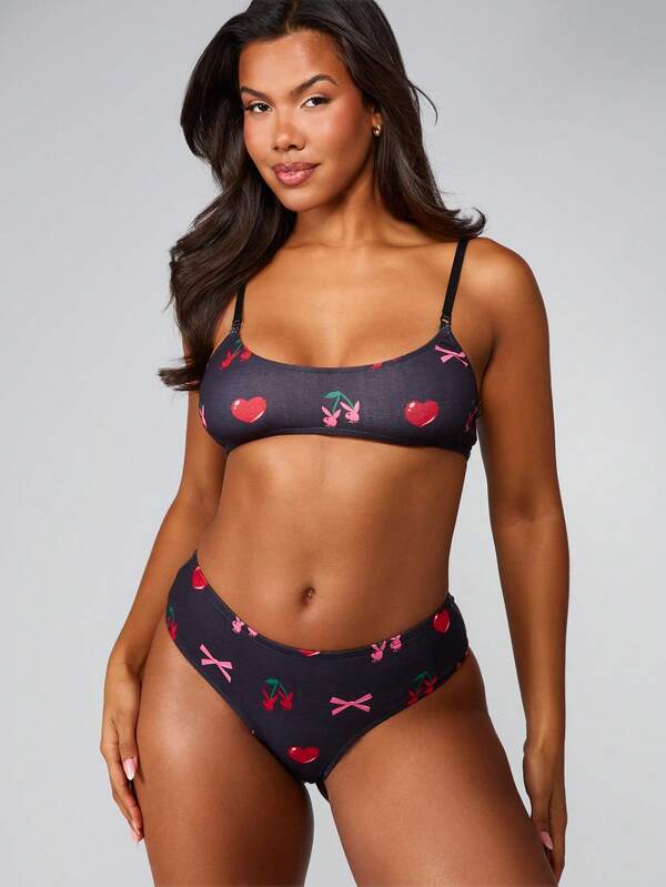 Missguided x Playboy Cherry Hearts And Bow Print Bralette Set