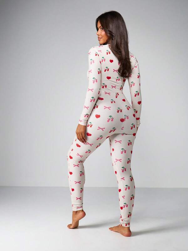 Missguided X Playboy Cherry Print Button Front Long Sleeve Jumpsuit