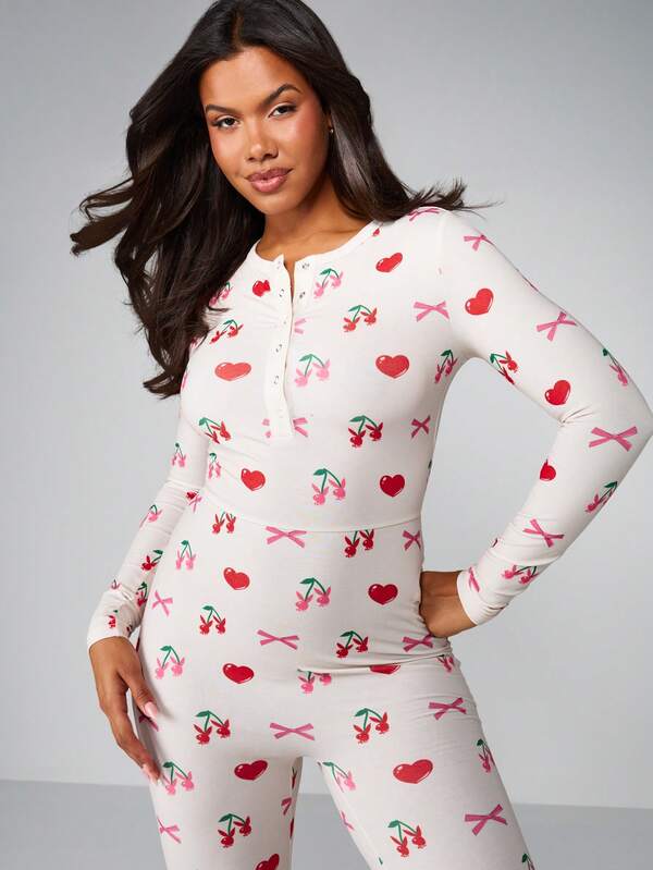 Missguided X Playboy Cherry Print Button Front Long Sleeve Jumpsuit