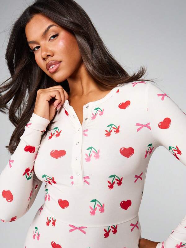 Missguided X Playboy Cherry Print Button Front Long Sleeve Jumpsuit