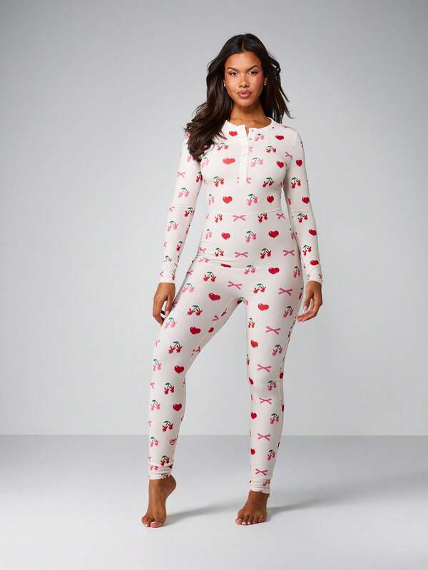 Missguided x Playboy Cherry Print Button Front Long Sleeve Jumpsuit