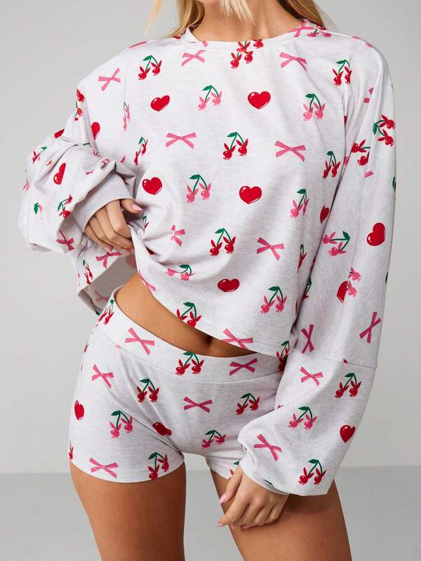 Missguided X Playboy Cherry Print Long Sleeve Pajama Set