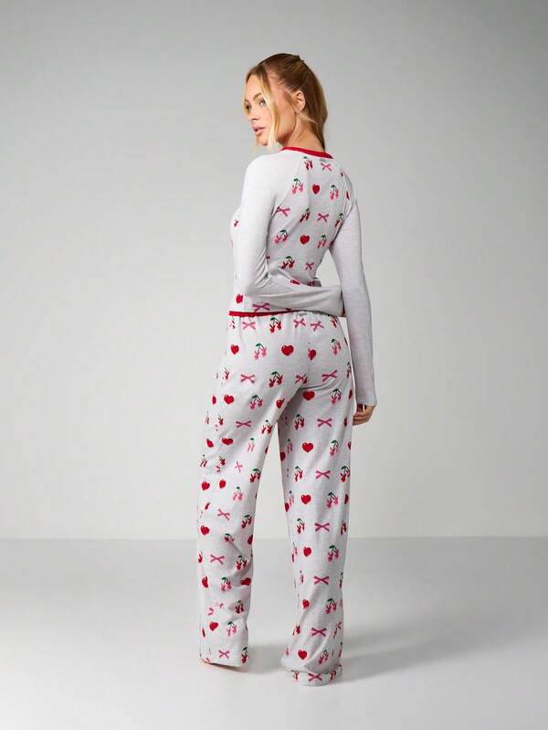 Missguided X Playboy Cherry Print Pajama Set With Long Sleeves