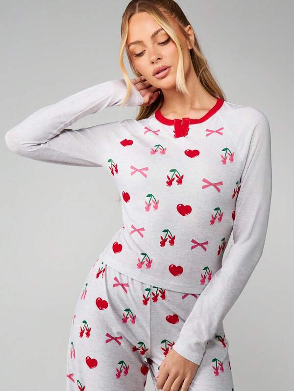 Missguided X Playboy Cherry Print Pajama Set With Long Sleeves