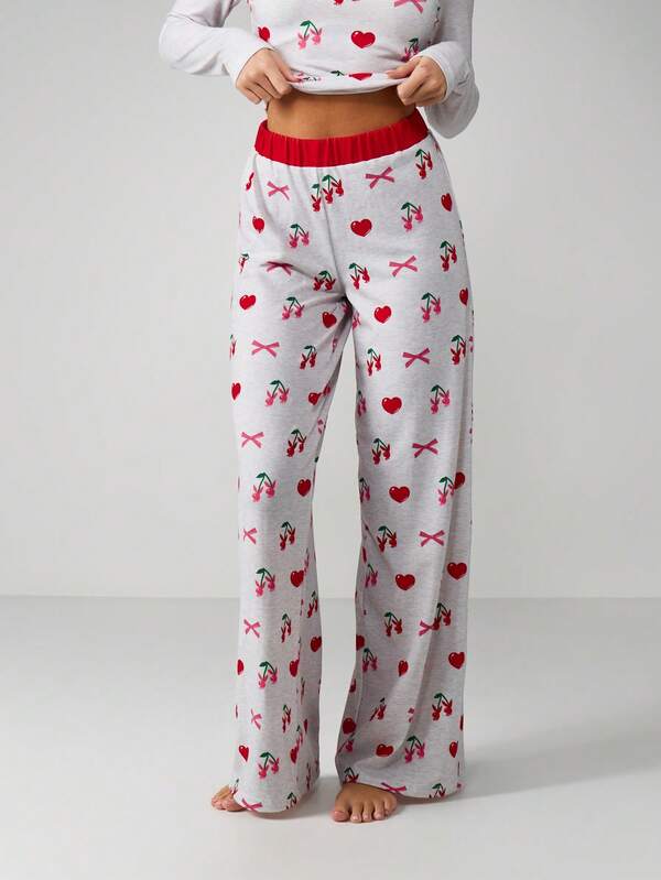 Missguided X Playboy Cherry Print Pajama Set With Long Sleeves