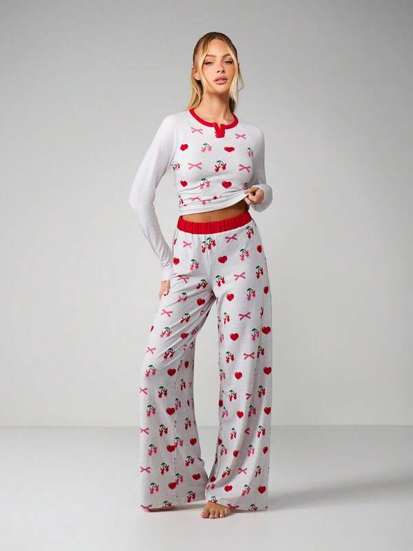 Missguided x Playboy Cherry Print Pajama Set With Long Sleeves