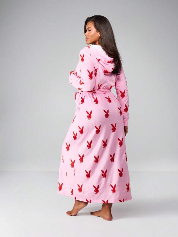 Missguided X Playboy Christmas Bunny Print Long Robe With Belt