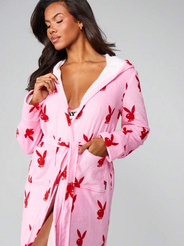 Missguided X Playboy Christmas Bunny Print Long Robe With Belt