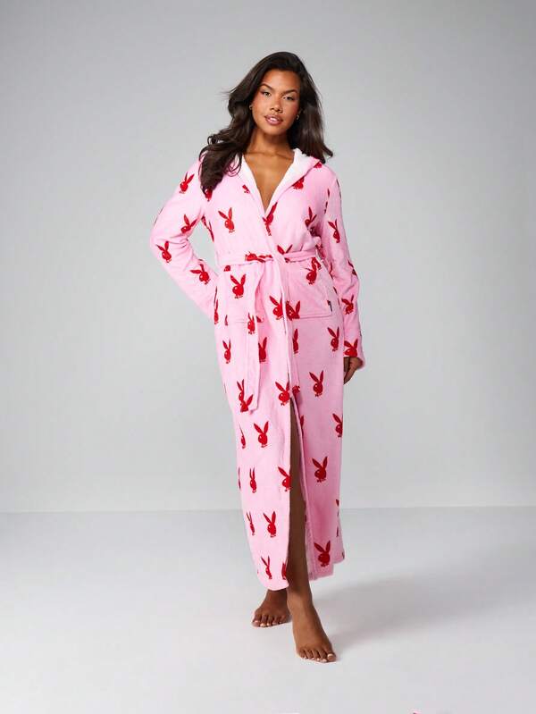 Missguided X Playboy Christmas Bunny Print Long Robe With Belt
