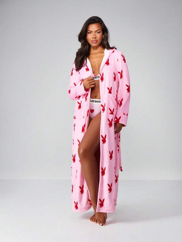 Missguided x Playboy Christmas Bunny Print Long Robe With Belt