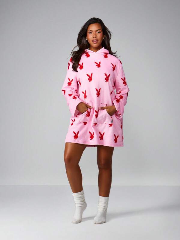 Missguided X Playboy Christmas Oversized Hoodie Robe With Bunny Print