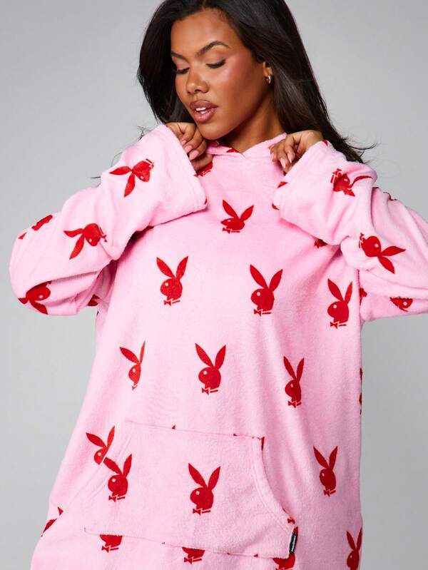 Missguided X Playboy Christmas Oversized Hoodie Robe With Bunny Print