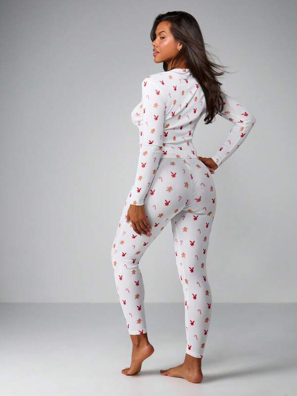 Missguided X Playboy Christmas Printed Pointelle Pajama Set With Long Sleeves