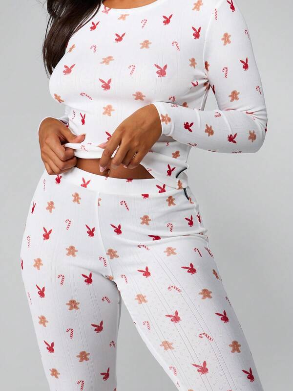Missguided X Playboy Christmas Printed Pointelle Pajama Set With Long Sleeves