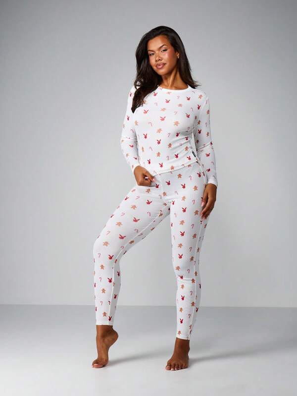 Missguided x Playboy Christmas Printed Pointelle Pajama Set With Long Sleeves