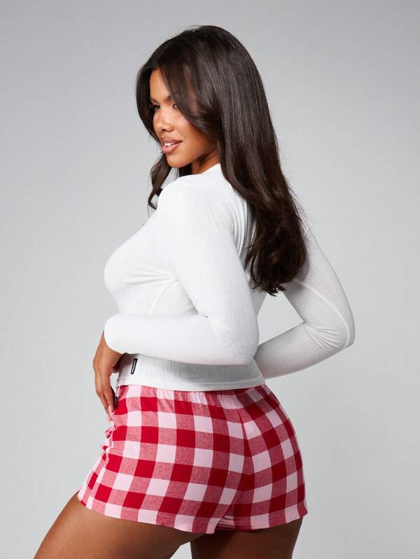 Missguided X Playboy Christmas Ribbed Top With Gingham Check Shorts Set