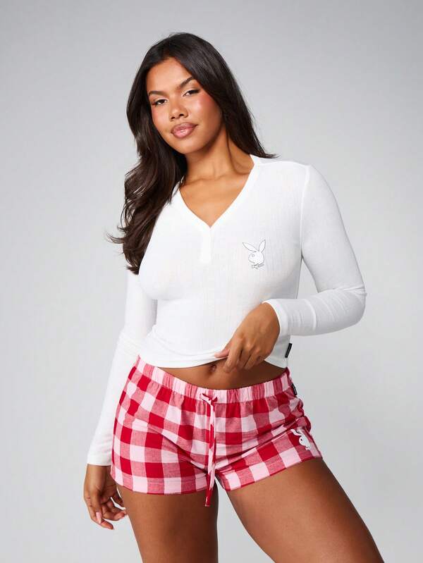 Missguided x Playboy Christmas Ribbed Top With Gingham Check Shorts Set