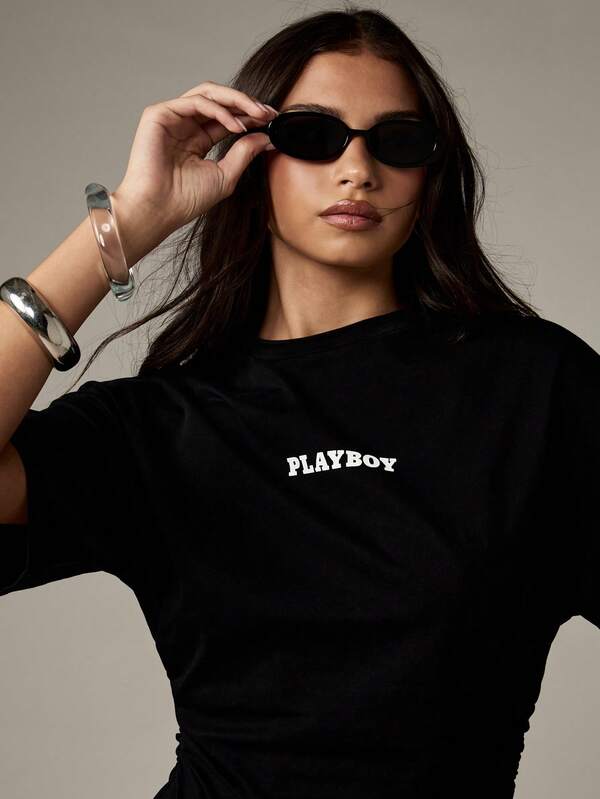 Missguided X Playboy Cinched Waist Oversized T Shirt With Ruched Detail