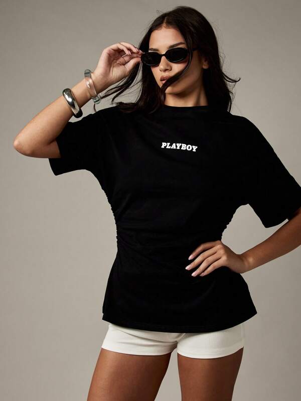Missguided x Playboy Cinched Waist Oversized T Shirt With Ruched Detail