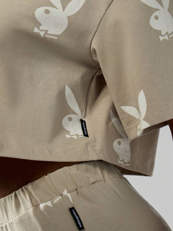Missguided X Playboy Classic All Over Print Bunny Logo Short Sleeve Cropped T Shirt