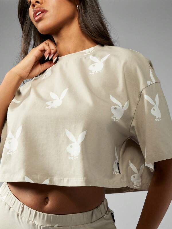 Missguided X Playboy Classic All Over Print Bunny Logo Short Sleeve Cropped T Shirt