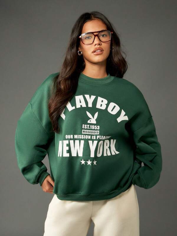 Missguided X Playboy Classic Crew Neck Sweatshirt With City Statement Design