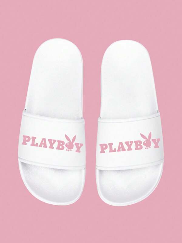 Missguided X Playboy Classic Logo Embroidered Pool Slides With Comfort Sole