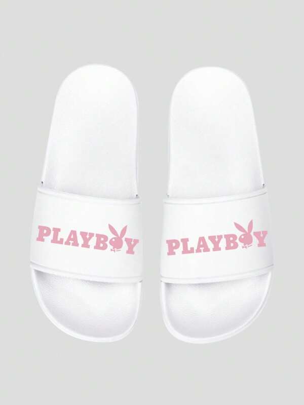 Missguided x Playboy Classic Logo Embroidered Pool Slides With Comfort Sole