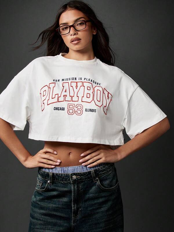 Missguided X Playboy Classic Retro Crop T-Shirt With Varsity Print