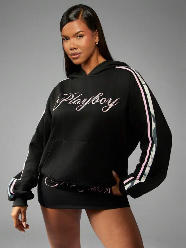 Missguided X Playboy Classic Script Logo Embroidered Hoodie With Side Stripes
