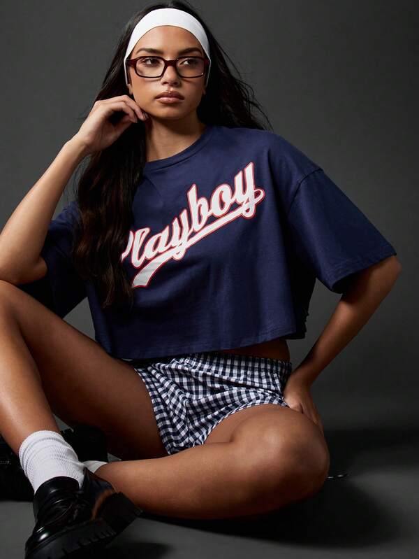 Missguided X Playboy Collegiate Varsity Style Slouchy Short Sleeve T-Shirt