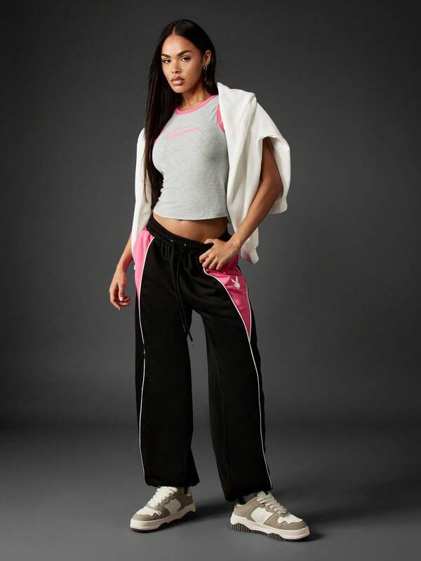 Missguided X Playboy Color Block Cuffed Joggers With Logo