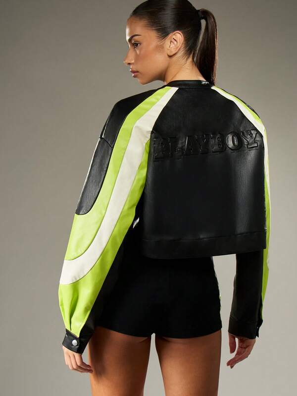 Missguided X Playboy Color Block Leather Look Bomber Jacket With Neon Panels