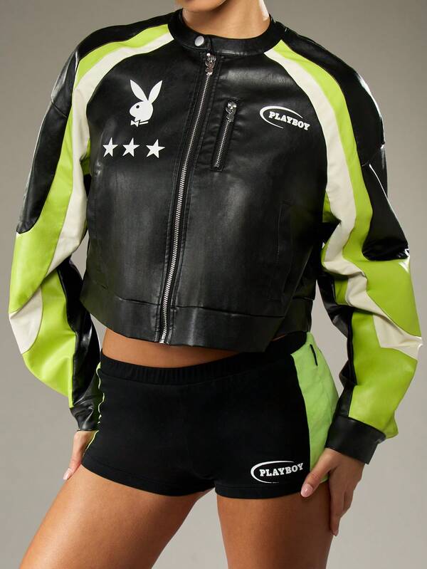 Missguided X Playboy Color Block Leather Look Bomber Jacket With Neon Panels