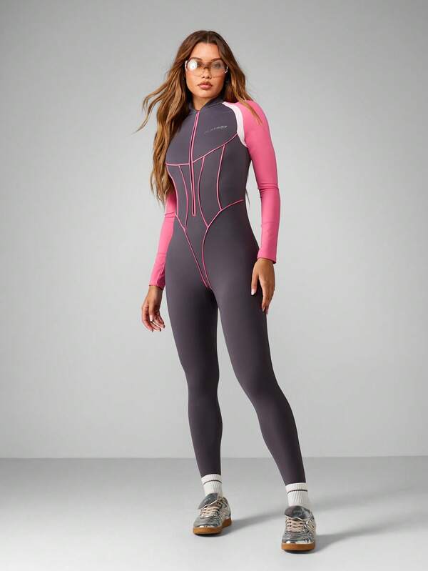Missguided X Playboy Color Block Long Sleeve Full Length Jumpsuit With High Neck