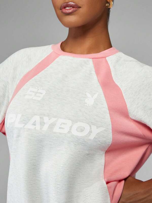 Missguided X Playboy Color Block Panelled Sweatshirt With Long Sleeves And Round Neck