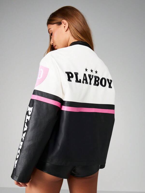 Missguided X Playboy Color Block Racing Moto Leather Jacket With Graphics