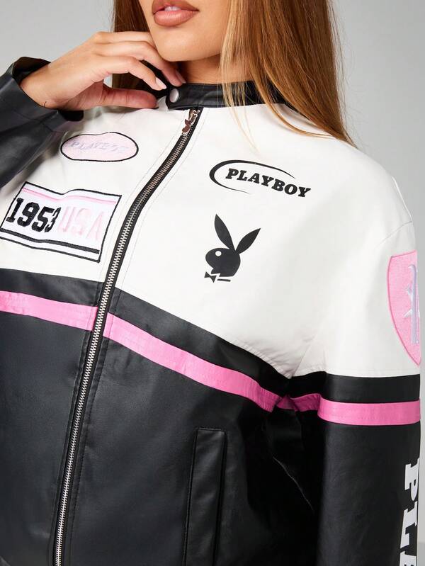 Missguided X Playboy Color Block Racing Moto Leather Jacket With Graphics