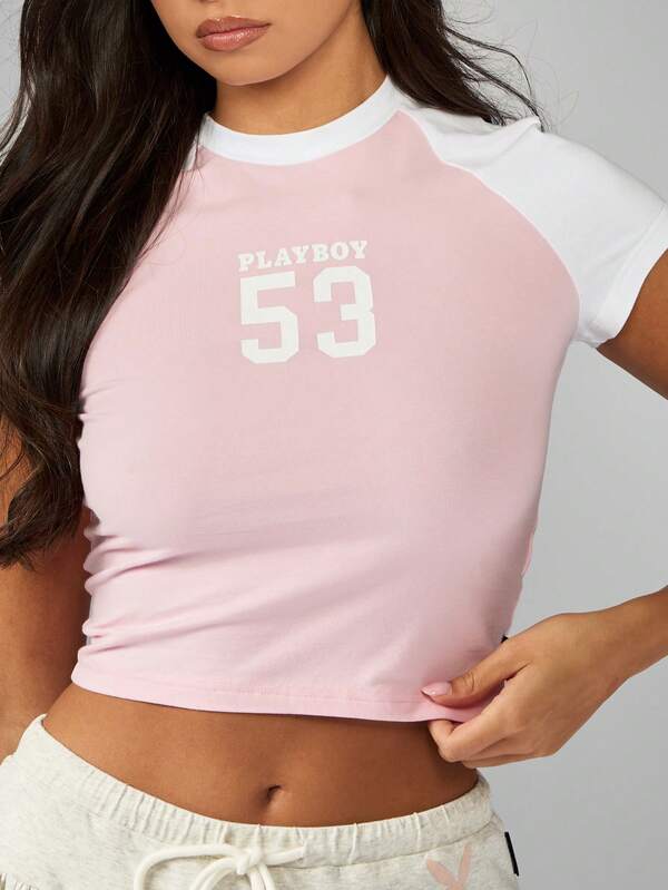 Missguided X Playboy Color Block Raglan Crop T Shirt With Number Print